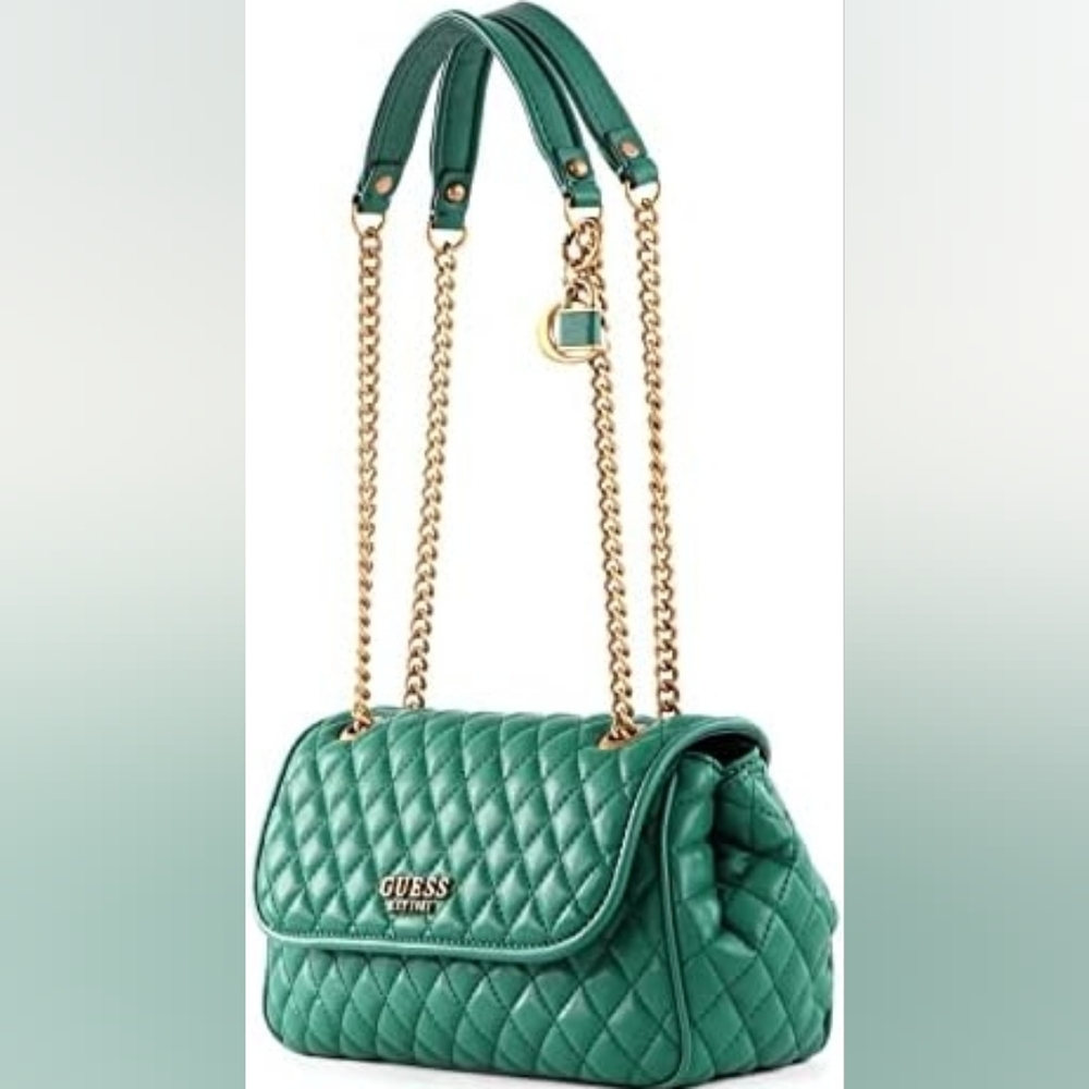 Guess Green Quilted Crossbody Bag with Gold Chain